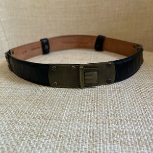 Donna Karan vintage adjustable black leather large buckle hinges belt